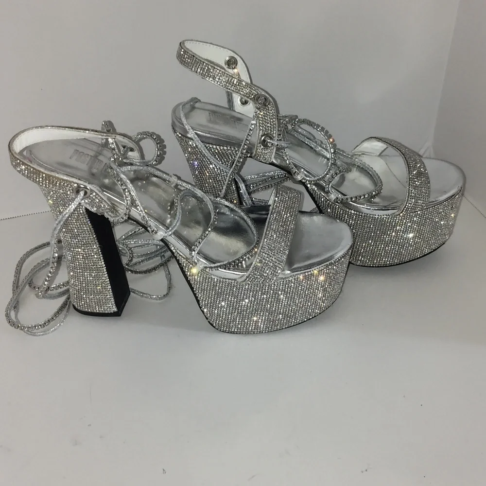 Dolls Kill Poster Girl Lace Up Silver Platform Heels 9